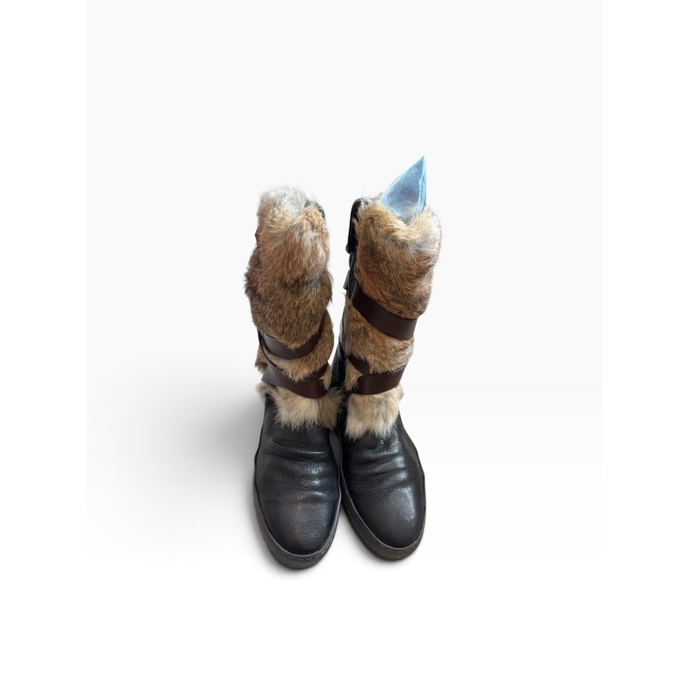 Manas Rabbit Fur Leather Winter Boots 36 Black Après Ski Luxury Boho Gorpcore